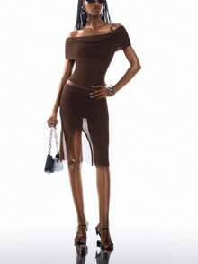 Airlisse Women's Elegant Sexy Brown Off Shoulder Ruched Bandeau Mesh Sheer Cinched Waist Top + Low-Waist Slit Ruched Mesh Sheer Straight Skirt 2-Piece Set - Brown - View 3