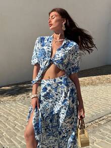 EURMUSE Bộ đồ hai mảnh phối màu xanh dương và trắng dành cho nữ – Áo croptop tay phồng và chân váy maxi cạp cao, bộ đồ mùa hè thanh lịch. - Xanh và trắng - Xem 4