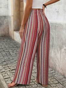 Brillora Quần dài nữ thanh lịch, lãng mạn, cạp chun, phù hợp cho mùa xuân và mùa hè, quần boho cho nữ, quần hè cho nữ, bộ đồ đi nghỉ mát cho nữ, quần tây phong cách Bohemian, trang phục đi biển cho nữ, quần ống rộng kẻ sọc boho đi nghỉ hè 2026, quần ống rộng cạp cao có dây rút, quần ống suông ôm sát thoải mái, trang phục đi nghỉ mát thoáng khí. - Đỏ - Xem 2