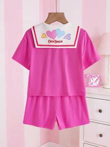 SHEIN X Care Bears 2件套可爱休闲风女童T恤短裤套装，Polo领舒适短袖，Carebear联名款 - 粉色 - 查看 2