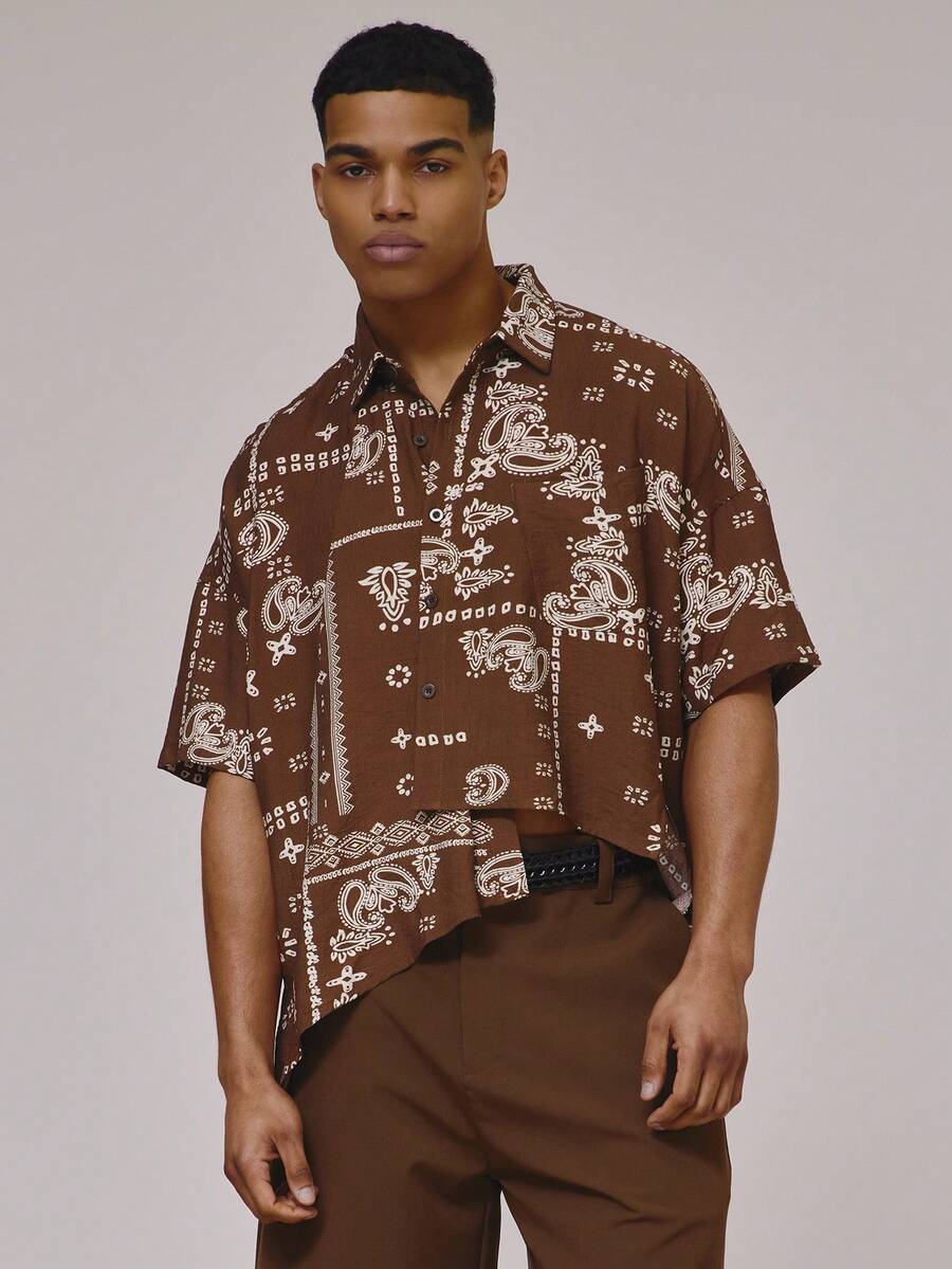 Musero 短袖落肩不对称纽扣印花衬衫，春夏必备假日沙滩装 - 彩色 - 查看 1