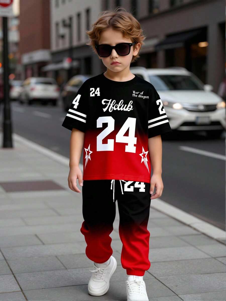 2pcs/Set Young Boys Digital Print Gradient Red & Black T-Shirt And Pants Set, Fashion Casual Comfortable Outfit For Suitable All Seasons - Multicolor - View 1