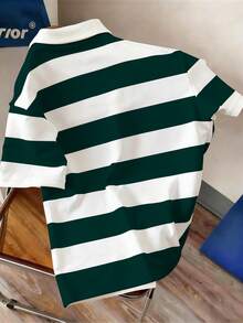 Manfinity Joysei Camisa polo de manga corta a media cartera con rayas, casual de verano para hombres - Verde Oscuro - Ver 2