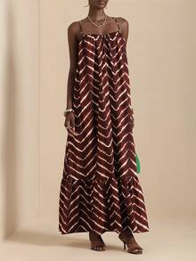 Vesra Women's Geometric Print Sleeveless Dress, Suitable For Summer Vacation - Rust Brown - View 6