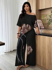 Weeklong 女士加大码不对称领印花宽松上衣和直筒裤两件套，适合度假和日常穿着，春夏款 - 彩色 - 查看 1