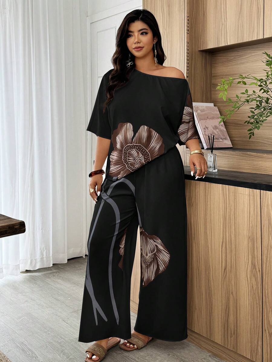 Weeklong 女士加大码不对称领印花宽松上衣和直筒裤两件套，适合度假和日常穿着，春夏款 - 彩色 - 查看 1