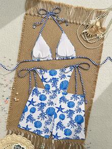 Swim Mod Bộ bikini 3 món dành cho nữ mùa hè, in hình sinh vật biển, có đệm mút rời, kiểu dây buộc cổ, quần short buộc dây bên hông và quần lót. - Xanh và trắng - Xem 2