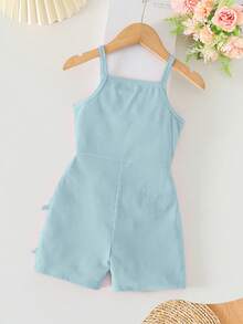 女童休闲时尚日常穿搭无袖高腰短款连体裤，饰有可爱蝴蝶结设计 - 藍色 - 查看 2