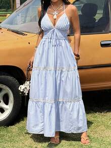 SHEIN EZwear Summer Vacation Beach Dress Music Festival Blue Striped Woven Slip Dress For Women,Summer Dresses For Women - Blue and White - View 3