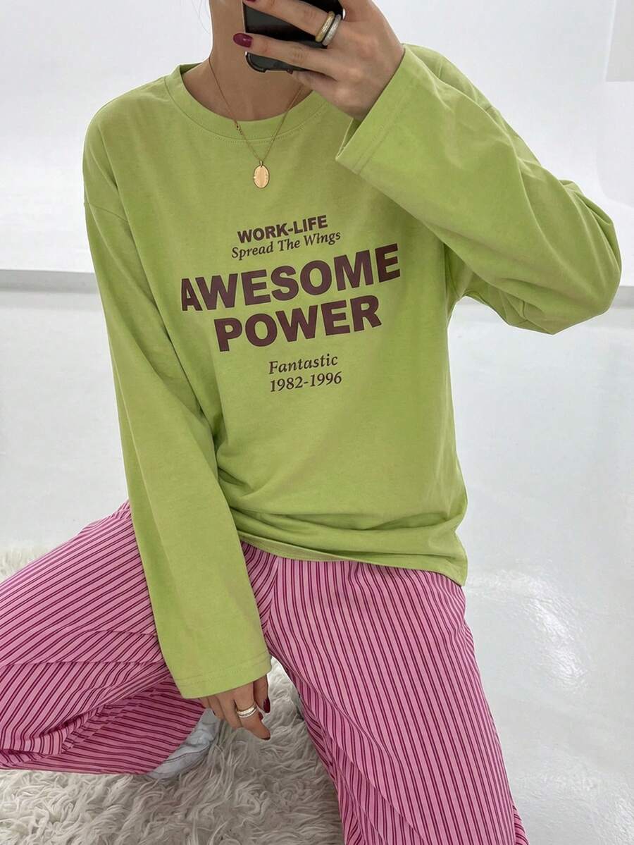 DAZY Women Casual Letter Graphic Print Decor Top & Striped Loose Pajama Set, Spring, Fall Winter Clothes Pajama - Green - View 1