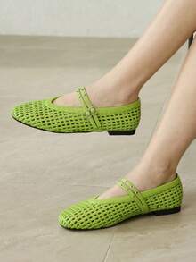 MOTF LADIES LIGHT GREEN FLAT BOTTOM HOLLOW WOVEN HORIZONTAL STRAP BUCKLE MARY JANE SHOES SIMPLE AND ELEGANT VACATION DAILY COMMUTER COLLEGE - Green - View 7