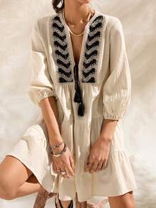 Vestido romántico de línea A con cuello en V, cintura anudada y bordados, estilo bohemio, suave, para vacaciones, para mujeres - Albaricoque - Ver 5