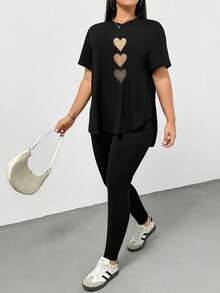 SHEIN Essnce Bộ đồ đôi nữ cỡ lớn in hình trái tim tay ngắn và quần legging, kiểu dáng thường ngày. - Nhiều màu - Xem 5