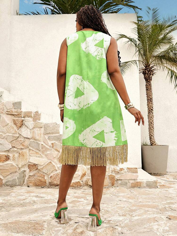 Vestido de vacaciones con patrón geométrico y decoración de flecos para mujer de talla grande