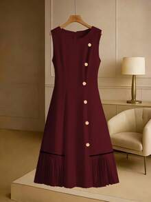 GlowEve CURVE Plus Size Women's Woven Regular Early Spring Elegant Date/Commute Sleeveless Round Neck Metal Hand-Sewn Button Pleated Hem Apricot Dress - Burgundy - View 1