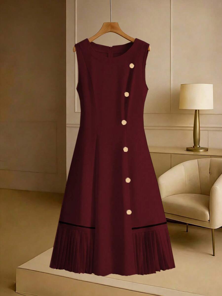 GlowEve CURVE Plus Size Women's Woven Regular Early Spring Elegant Date/Commute Sleeveless Round Neck Metal Hand-Sewn Button Pleated Hem Apricot Dress - Burgundy - View 1