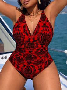 Swim Lushoire Plus Size One-Piece Swimsuit, Random Colorful Print, Minimalist Design, Suitable For Daily Wear, Bohemian Style, Summer Beach Outfit For Women - Multicolor - View 1