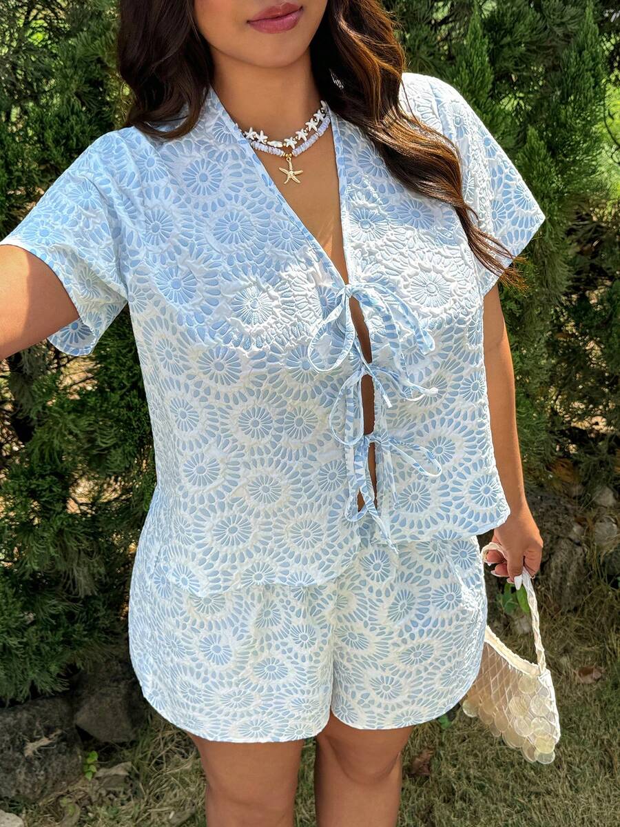 GalTyme Plus Size Women Blue And White Summer Boho Vacation Holiday Jacquard Tie Front Short Sleeve Top And Shorts 2 Pieces Set,Elegant Casual - Blue - View 1