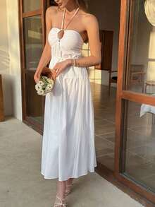 Beach Party Holiday Outfit Summer White Halter Midi Dress For Women Sundress - Beige - View 4