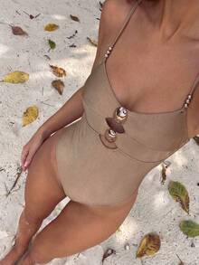 Bonvoyette Áo tắm liền thân thanh lịch dành cho nữ, chất liệu nylon bóng mượt, đồ bơi cao cấp thích hợp cho bãi biển, hồ bơi, tiệc tùng, kỳ nghỉ, mùa xuân/hè. - Lạc đà - Xem 3