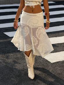 Muchica Beach Outfits For Women White Knitted Paisley Asymmetrical Lace Skirt Elegant Women's Skirt Vacation Outfits For Women - White - View 1