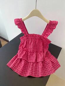 女童休闲度假粉色蝴蝶结荷叶边A字吊带背心，柔软时尚的设计，适合夏季、度假、旅行、上学和日常穿着。 - 粉色 - 查看 5