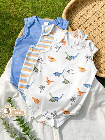 SHEIN Vintaside Kids Bộ 3 món áo liền quần cho bé trai mùa hè màu xanh dương in hình sinh vật biển dễ thương.