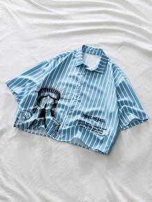 AXEPEAK Camisa de manga corta con botones delanteros, estampado de rayas y escultura, de estilo casual de verano para hombres - Multicolor - Ver 6