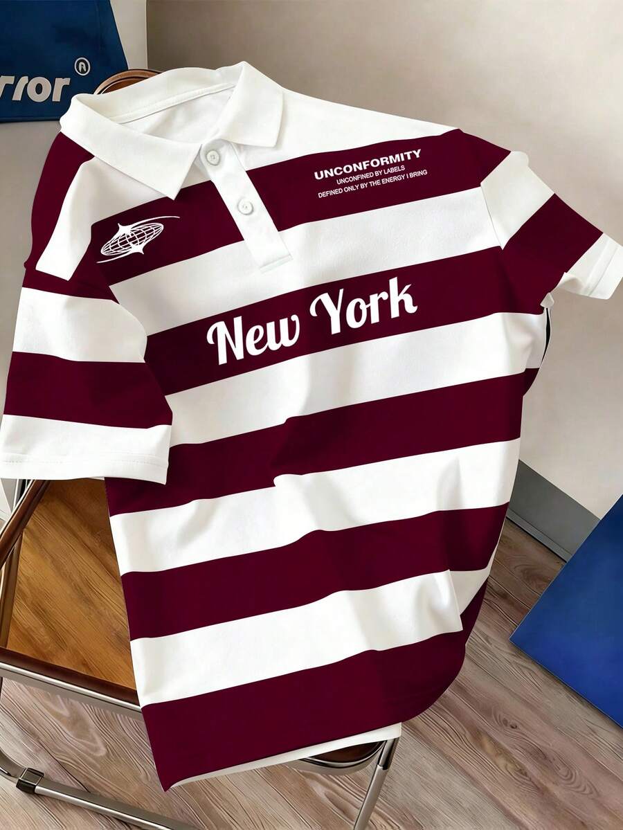 Manfinity Joysei Men's Casual Striped Short Sleeve Polo Shirt, College Style - Burgundy - View 1