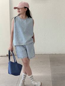 Tween Girls Denim 2-Piece Set,Girls Summer Outfits,Back To School Clothes Vacation - Light Wash - View 1