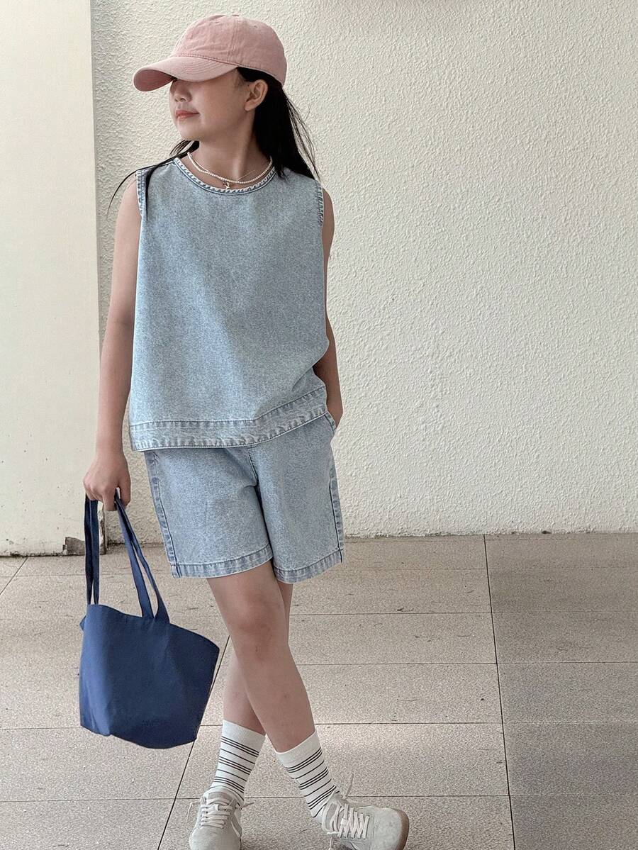 Tween Girls Denim 2-Piece Set,Girls Summer Outfits,Back To School Clothes Vacation - Light Wash - View 1