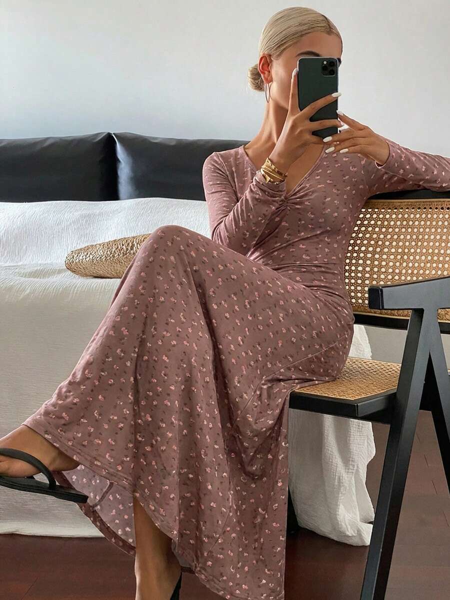 DAZY Long Floral V-Neck Ruched Nightgown Pajama, Winter - Camel - View 1
