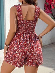 EMERY ROSE Plus Size Ditsy Floral Sleeveless Loose Jumpsuit - Red - View 2