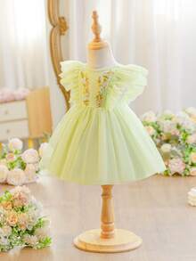 SHEIN Đầm ren lưới thêu hoa dễ thương và thanh lịch cho bé gái, viền bèo nhún. - màu xanh lá - Xem 8