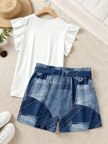 SHEIN LUNE Plus Size Summer Casual Solid Color Flutter Sleeve Top And Printed  Shorts 2-Piece Set - Multicolor - View 2