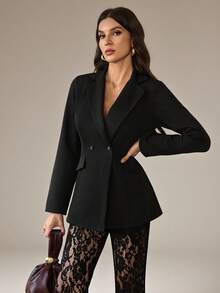 SHEIN Tall Women's Elegant Loose Double-Breasted Long Sleeve Blazer Jacket And Flared Lace Pants Set, Spring/Autumn Black Suit - Black - View 6