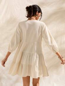Vestido romántico de línea A con cuello en V, cintura anudada y bordados, estilo bohemio, suave, para vacaciones, para mujeres - Albaricoque - Ver 2