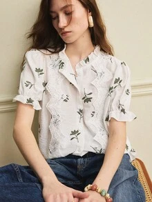 Écloséra Áo kiểu phối ren thêu, bèo nhún, thích hợp cho mùa xuân/hè. - Nhiều màu - Xem 5