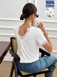 Serisse Women's Casual Cotton  Solid Color Lace Trim T-Shirt, Summer,French Summer Minimalist Cotton V-Neck Lace Trim Patchwork Short Sleeve White T-Shirt, Slim Fit, Comfortable & Versatile, Suitable For Work, Daily Wear, And Dates, Popular Item For Spring/Summer,Summer Top,Summer Outfits For Women,Beach Outfit For Women ,Casual Blouse For Women,Holiday Outfits For Women,White Tops ,White T-Shirt - White - View 4