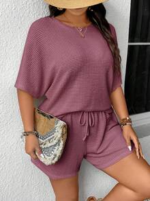 SHEIN Frenchy 大码女式纯色圆领上衣和短裤休闲日常两件套 - 紫色 - 查看 5