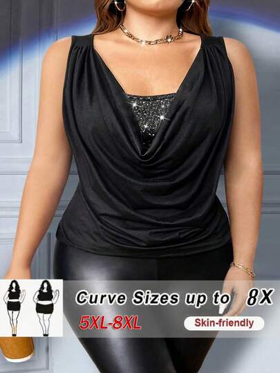 SHEIN CURVE+ Áo camisole gợi cảm, màu trơn, phối sequin, dáng suông, cỡ lớn.
