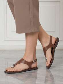 Sleekvia Ladies Comfortable Flat Wear-Resistant Versatile  Metal Outdoor Flip-Flops Slippers Summer - Brown - View 5