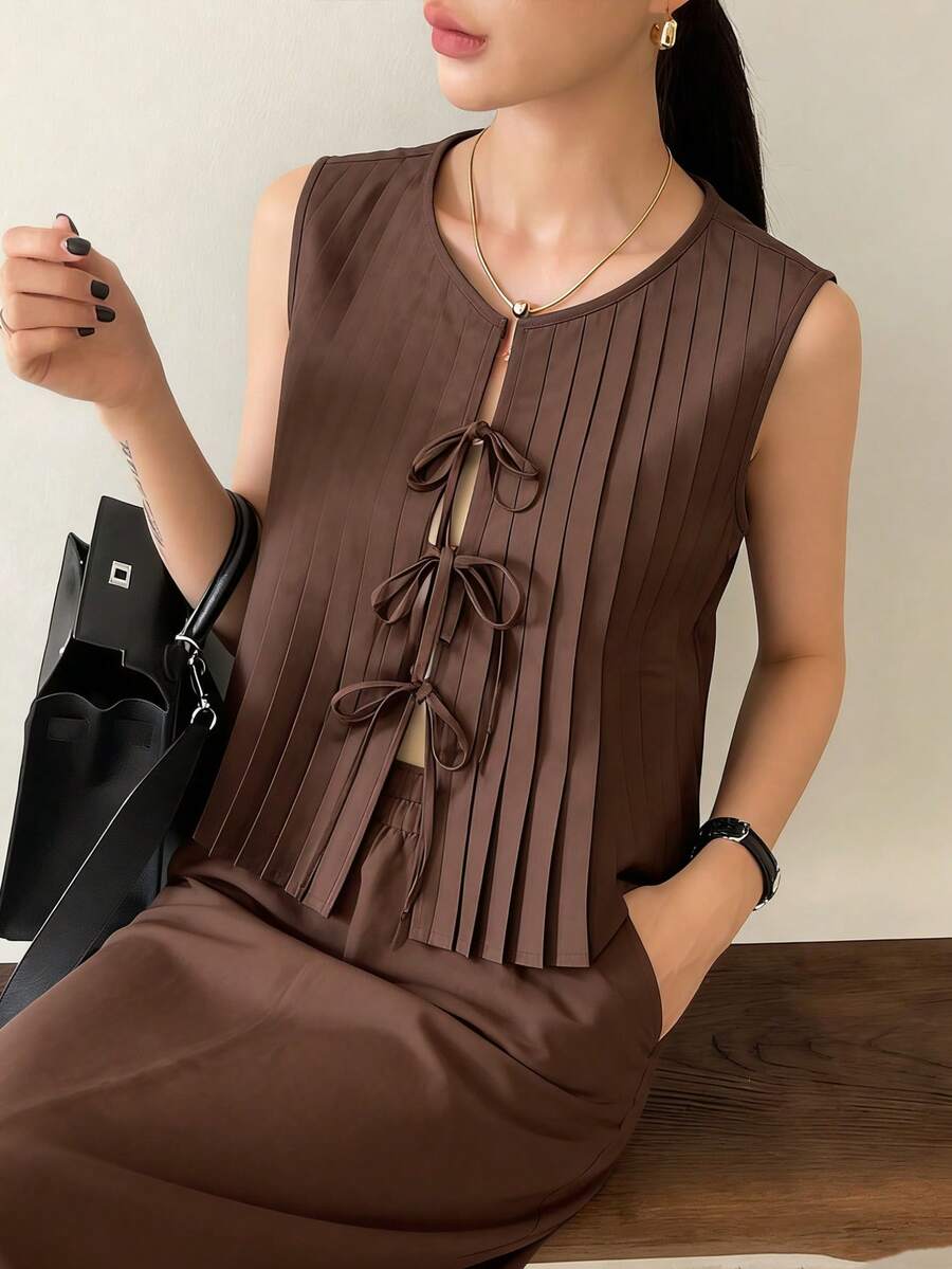 Dazy-Less Women's Casual Pleated Front Tie Blouse And Skirt 2 Pieces Set, Summer - Brown - View 1