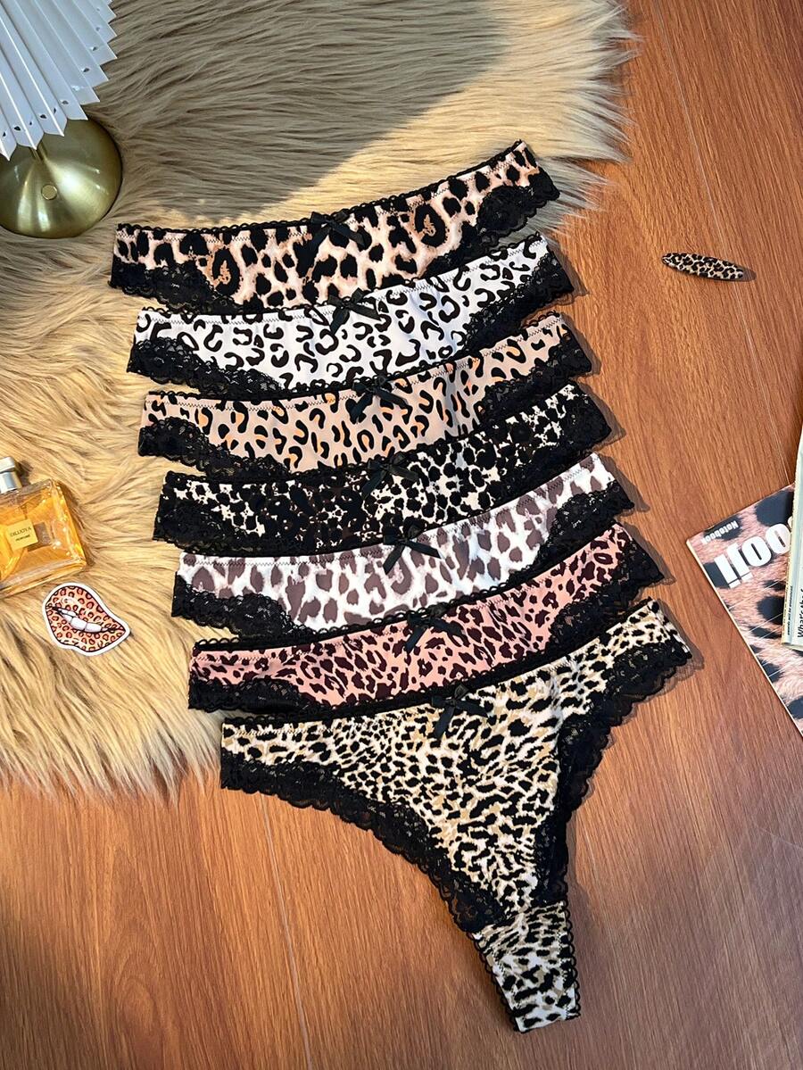 7pcs/Set Mature Charm Leopard Print Lace Patchwork Bow Tie Thong Panties For Women - Multicolor - View 1