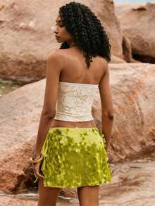 Poéselle 女士撞色蕾丝拼接褶皱修身吊带背心 - 淡黃色 - 查看 6