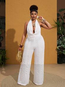 Maweii Plus Size Lace Halter V-Neck Backless Casual Jumpsuit - White - View 1