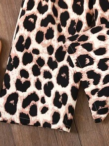 Young Girl Casual Vacation Spaghetti Strap Backless Bow Decor Leopard Print Tube Top & Woven Leopard Print Wide Leg Pants Set - Brown - View 3