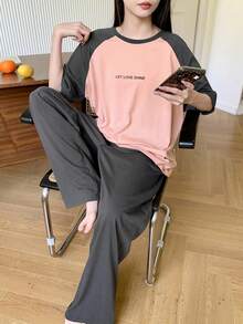 DAZY 2pcs Set Women Letter Print Raglan Sleeve Short Sleeve Loose Fitting Sleepwear/Loungewear Pajama - Pink - View 4