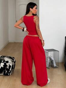 Coolane 女士夏季演唱会服装街头风Y2K休闲日常运动装辣妹风V领束身衣弹力背心和宽松低腰裤两件套 - 酒紅色 - 查看 5