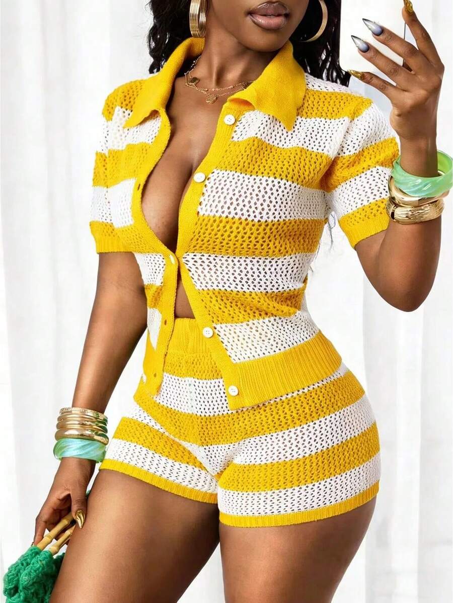 SHEIN BamGlam 女士条纹开衫短裤套装（2件套），绿白相间，休闲时尚度假街头风针织衫套装 - 黃色 - 查看 1